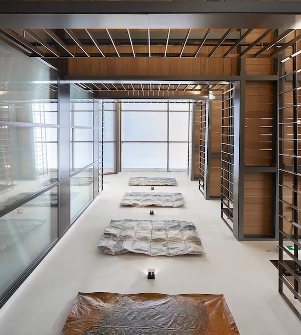 light A modern art installation featuring five large, textured canvases laid on the floor in a spacious gallery with glass and wood paneling. Ceiling and wall structures create geometric patterns.